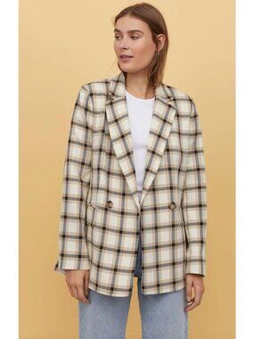 H&M Double-Breasted Plaid Blazer Pockets Size M All-Season Lined Beige Office